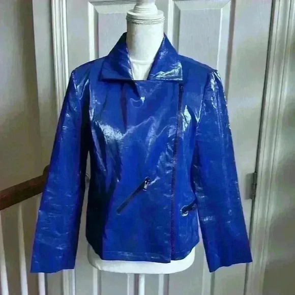 J’Envie NY Shiny Cobalt Blue Double Breasted Rain Jacket w/ Zippers Women Med - Picture 2 of 10